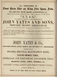 A 1856 advertisement of JOHN YATES & SONS, Birmingham