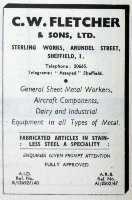 an old advertisement of CW Fletcher & Sons Arundel Plate Sheffield