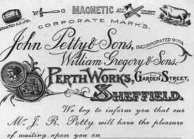 trade card of  John Petty & Sons successors to William Gregory & Sons, Sheffield