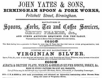 A 1876 advertisement of JOHN YATES & SONS, Birmingham