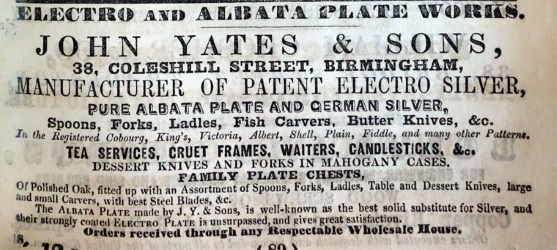 A 1852 advertisement of JOHN YATES & SONS, Birmingham