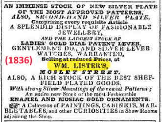 William Lister, 1836 advertisement