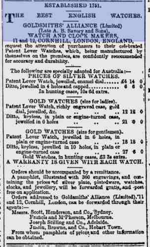 Goldsmiths' Alliance: advertisement from The Sydney Morning Herald, 1876