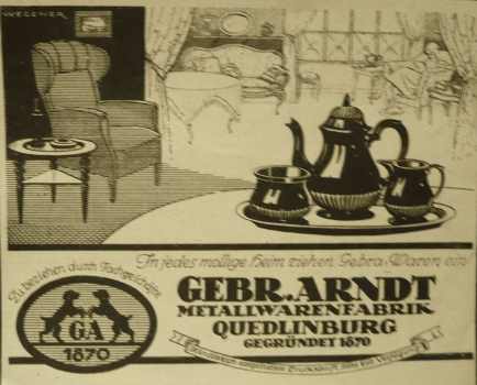 Gebr.Arndt, Metallwarenfabrik, Quedlinburg, Germany: ancient advertisement