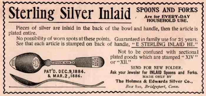 Advertising Holmes & Edwards spoons with sterling silver inlaid