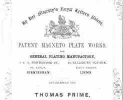 A 1849 advertisement of Thomas Prime, Birmingham