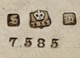 Thomas Bradbury & Sons silverplate mark, date 1883, Old English H into a square