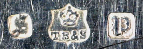 Thomas Bradbury & Sons silverplate mark, date 1891, Old English P into a square