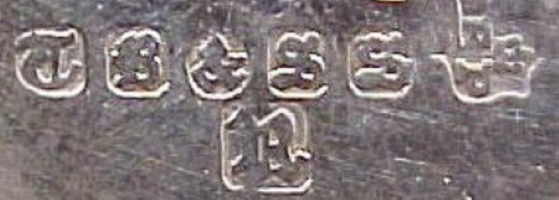 Thomas Bradbury & Sons silverplate mark, date 1893, Old English R into a square