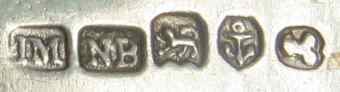 JM and N:B in two rectangles and pseudo English hallmarks, James Godfrey Melick, Saint John, New Brunswick, Canada JM and N:B in two rectangles and pseudo English hallmarks, James Godfrey Melick, Saint John, New Brunswick, Canada