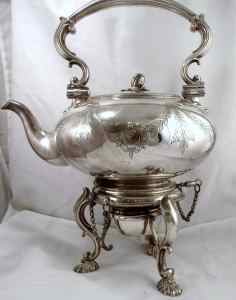 silverplate teapot with stand: Elkington & Co late 19th/early 20th century