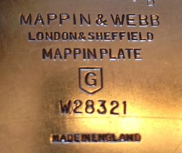 Mappin & Webb, silver plate mark, uppercase 'G into a pentagon'  date letter