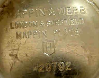 Mappin & Webb, silver plate mark, uppercase 'H into a pentagon'  date letter