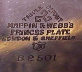 Mappin & Webb, silver plate mark, capital 'J gothic'  date letter