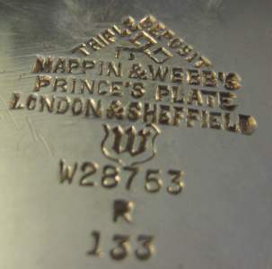 Mappin & Webb, silver plate mark, lowercase 'w Old English style'  date letter