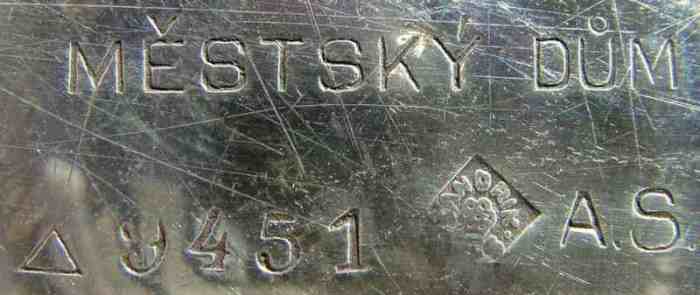 inscription in Czech 'MESTSK DUM' and  low-quality Sandrik silver-plating mark, set inside the rhomb