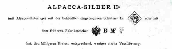 An excerpt on Alpacca-Silber II from the 1893 BMF catalogue