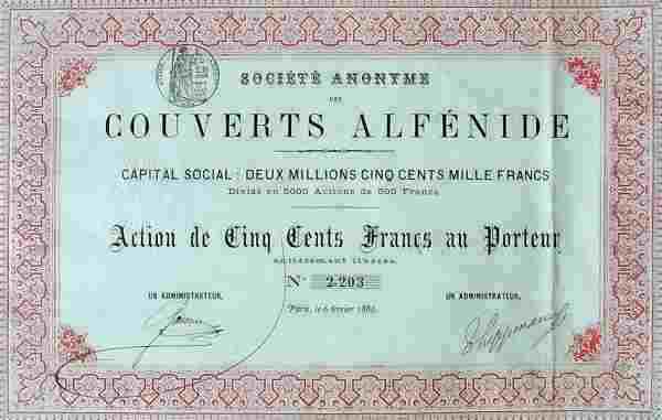 Share No.2203 issued by the Socit Anonyme des Couverts Alfnide on 6t h February 1886