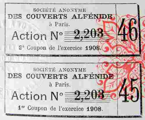 Share No.2203 Socit Anonyme des Couverts Alfnide: coupons for the year 1908