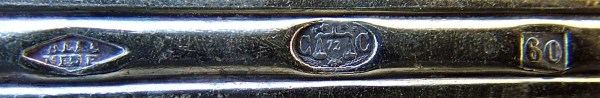 Disposition of marks on silver-plated Alfnide base Christofle cutlery, issued in 1860