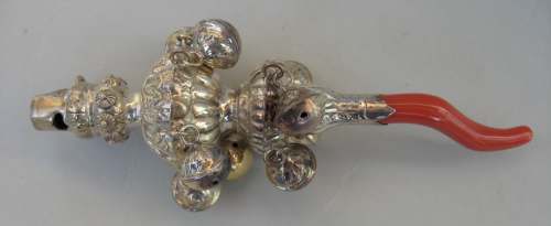 silver and coral baby rattle and whistle: George Unite, Birmingham