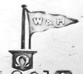 Walker & Hall silverplate mark 'omega' (uppercase), flag type A, shield type 3