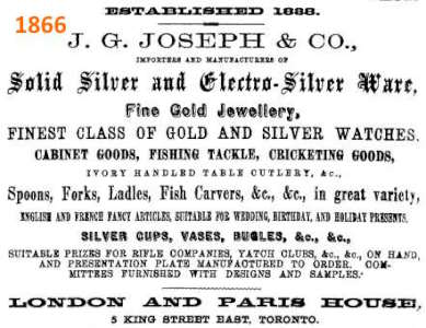 J.G. Joseph & Co, Toronto, Ontario, Canada: 1866 advertisement J.G. Joseph & Co, Toronto, Ontario, Canada: 1866 advertisement