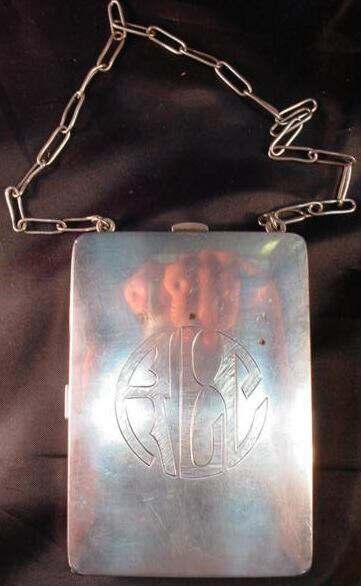 antique silver Art Deco compact with chain