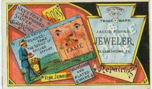 Jacob Fisher, Jeweler, Elizabethtown, PA trade card