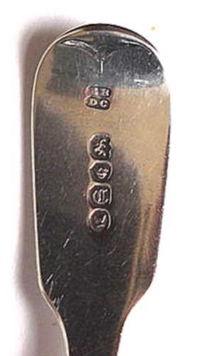 Hallmarks on a spoon assayed in London in 1854 showing the absence of a town mark Hallmarks on a spoon assayed in London in 1854 showing the absence of a town mark