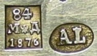 hallmark
S.Petersburg
1876
silversmith AL
assayer MD hallmark
S.Petersburg
1876
silversmith AL
assayer MD
