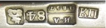 hallmark
Moskow
1857
silversmith
Konstantin Iakovlevich Pets
assayer
I. Avdeev hallmark
Moskow
1857
silversmith
Konstantin Iakovlevich Pets
assayer
I. Avdeev