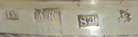 hallmark
Moskow
184?
silversmith
Ivan Semenovich Gubkin
assayer
Andreiì Antonovich Kovalbskiì hallmark
Moskow
184?
silversmith
Ivan Semenovich Gubkin
assayer
Andreiì Antonovich Kovalbskiì